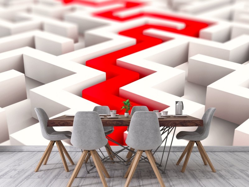 Fototapet oändlig vit labyrint med röd bana