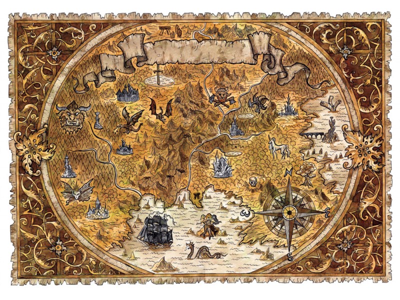 Fototapet Gammal piratkarta över fantasivärlden med drakar