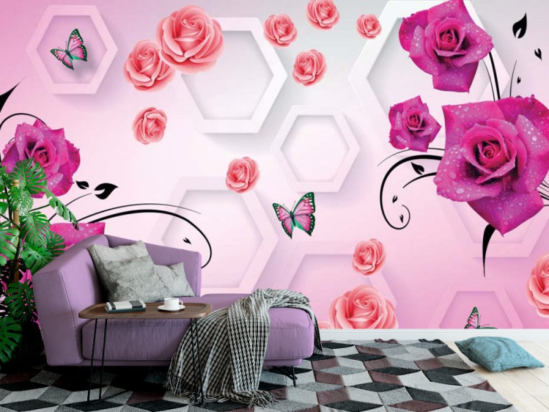 Fototapet 3d Fototapet med vackra dekorativa blommor och fjärilar på den konstnärliga väggbakgrunden (148272629)