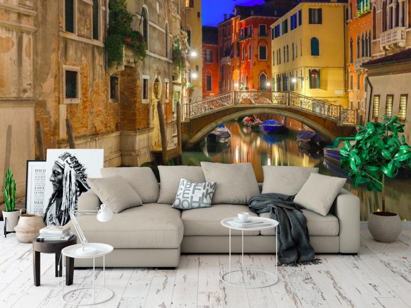 Fototapet natt lateral kanal och bro i Venedig