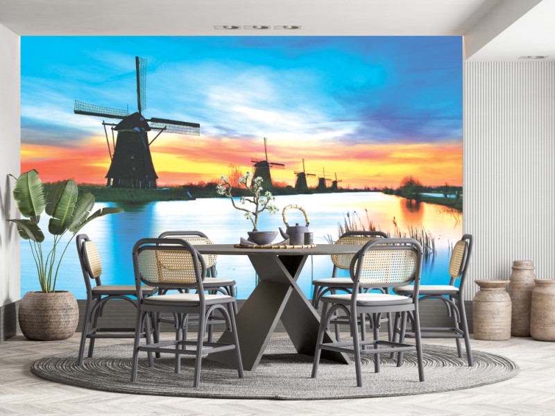 Fototapet Traditionella nederländska väderkvarnar i Kinderdijk vid soluppgången