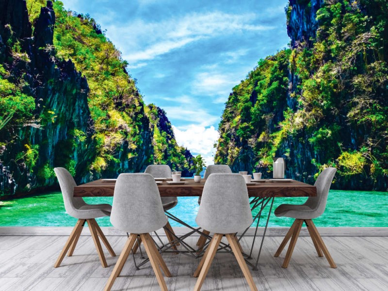 Fototapet tropiskt landskap med klippöar, ensam båt och kristallklart vatten (Filippinerna)