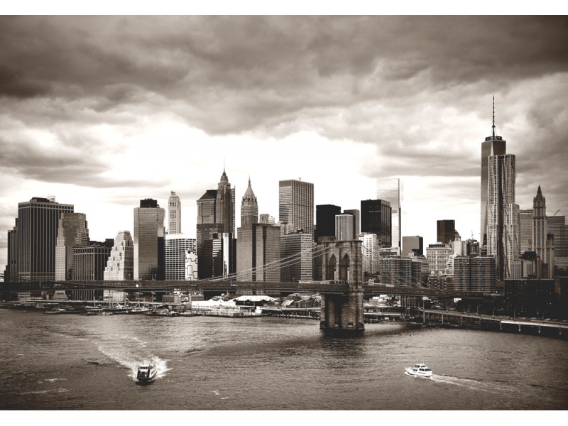 Fototapet Manhattans finansdistrikt med skyskrapor och Brooklyn Bridge