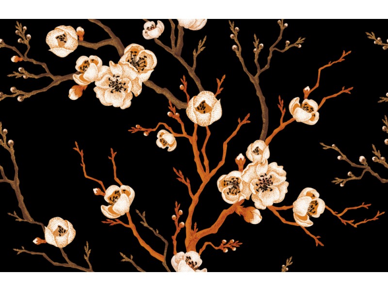 Fototapet Vackra blommor av orientaliskt körsbärsträd i svart, vitt och guld
