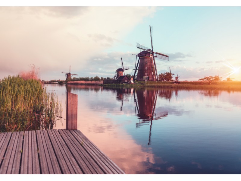 Fototapet Landskap med traditionella holländska väderkvarnar och hus